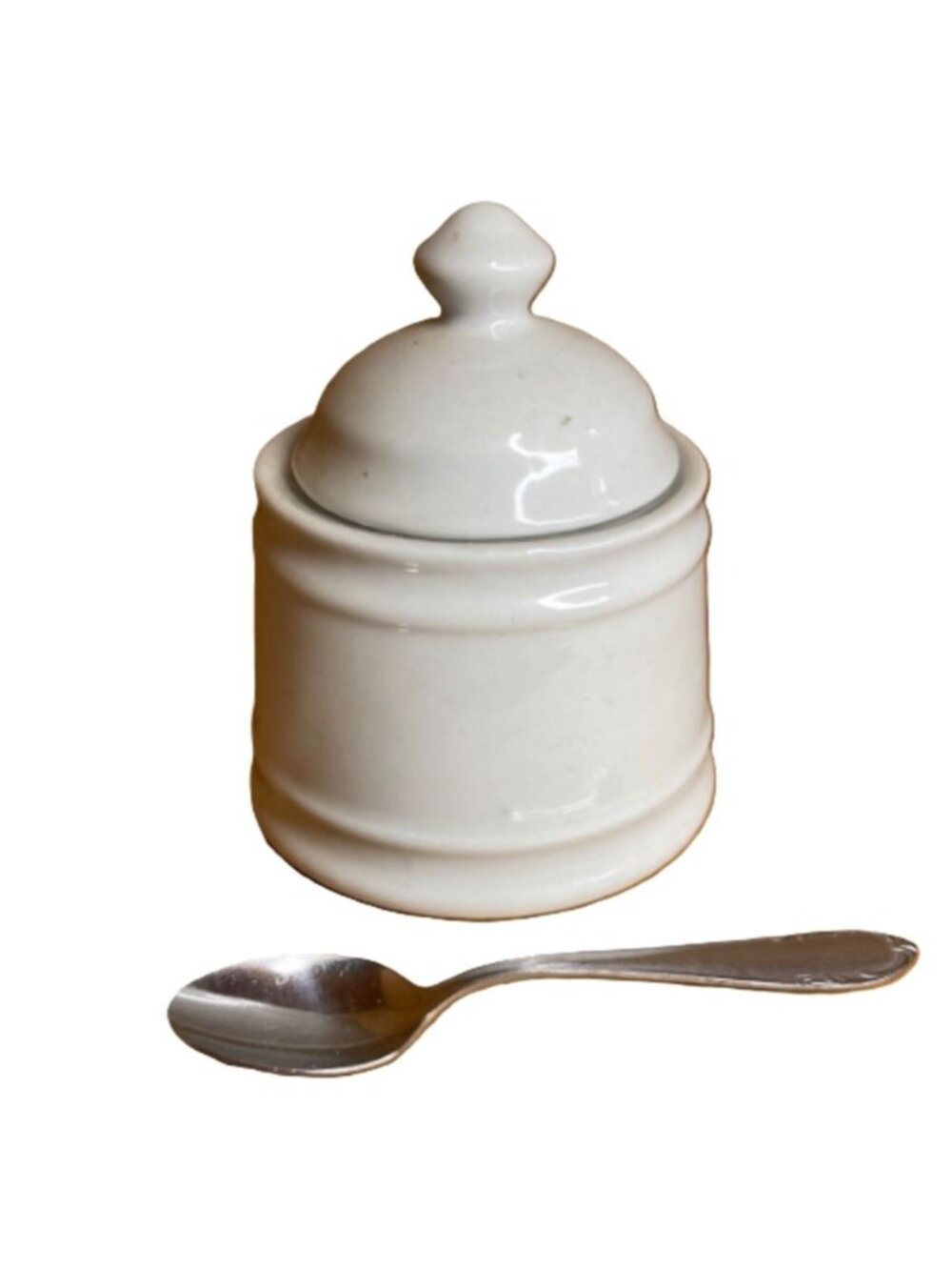 Vintage IDG White Ceramic Sugar Bowl w/ Lid & Stainless-Steel Spoon Set Pristine